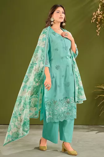 Sea green cotton printed hand embroidery kurta set with dupatta