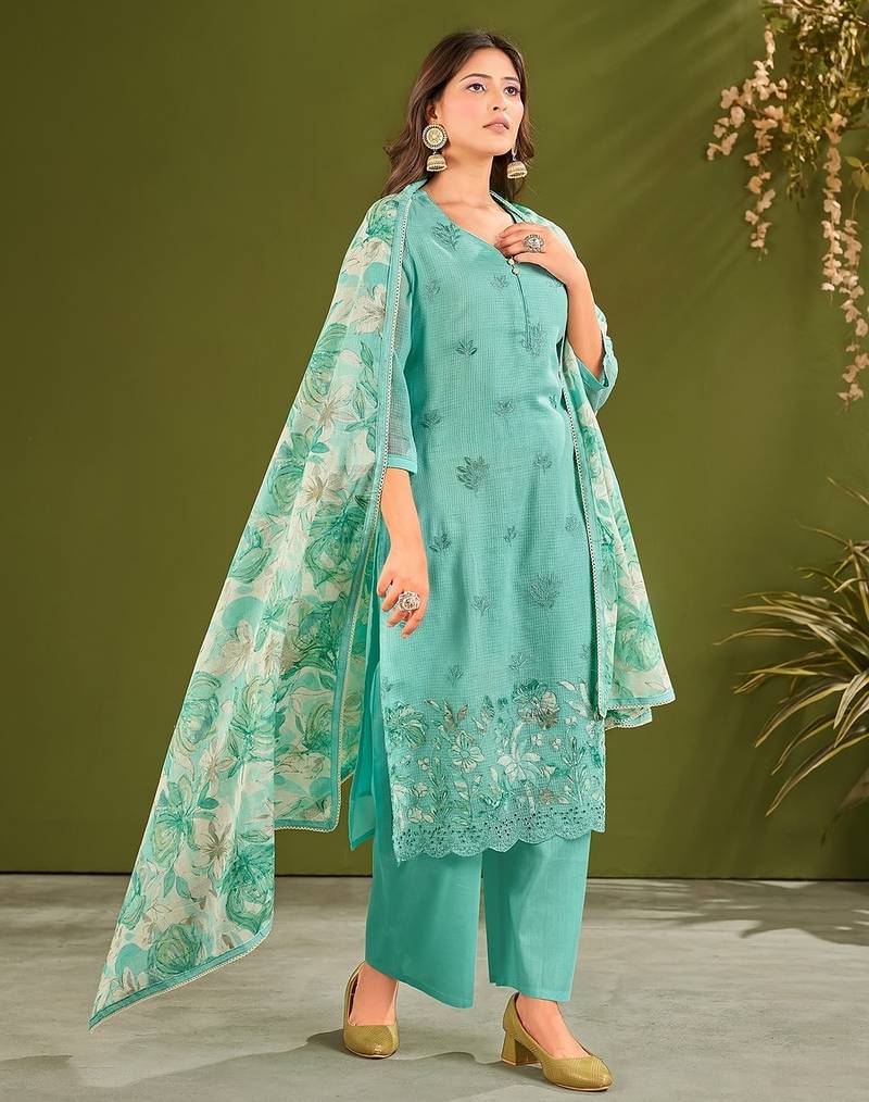 Sea green cotton printed hand embroidery kurta set with dupatta