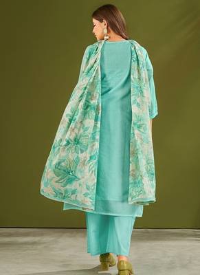 Sea green cotton printed hand embroidery kurta set with dupatta 4