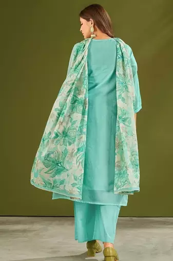 Sea green cotton printed hand embroidery kurta set with dupatta