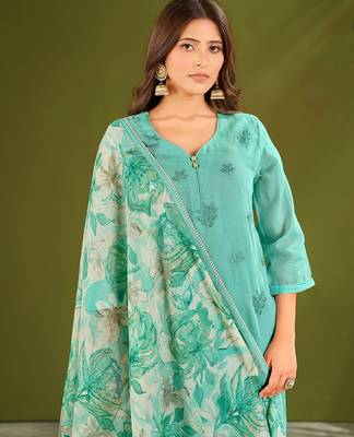 Sea green cotton printed hand embroidery kurta set with dupatta 5