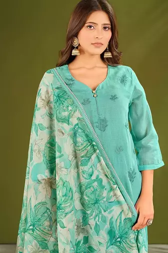 Sea green cotton printed hand embroidery kurta set with dupatta
