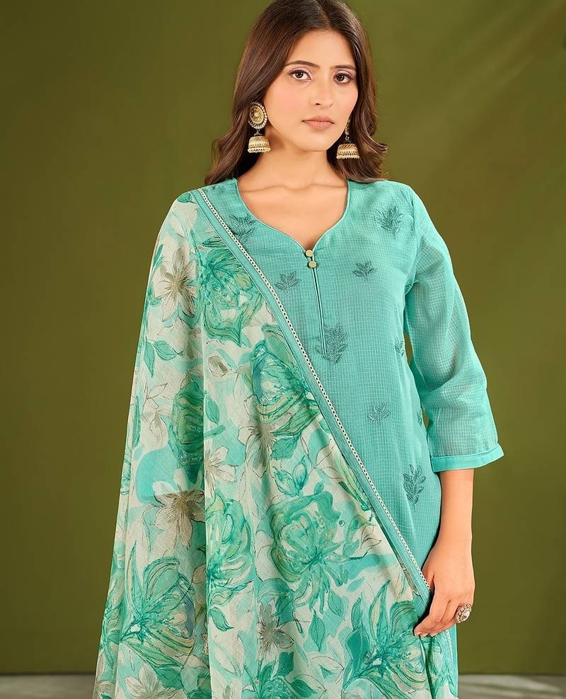 Sea green cotton printed hand embroidery kurta set with dupatta