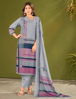 Blue cotton printed hand embroidery kurta set with dupatta 1