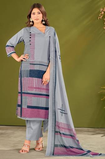 Blue cotton printed hand embroidery kurta set with dupatta