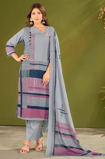 Blue cotton printed hand embroidery kurta set with dupatta