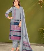 Blue cotton printed hand embroidery kurta set with dupatta