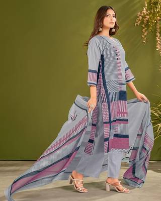 Blue cotton printed hand embroidery kurta set with dupatta 2