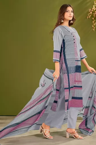 Blue cotton printed hand embroidery kurta set with dupatta