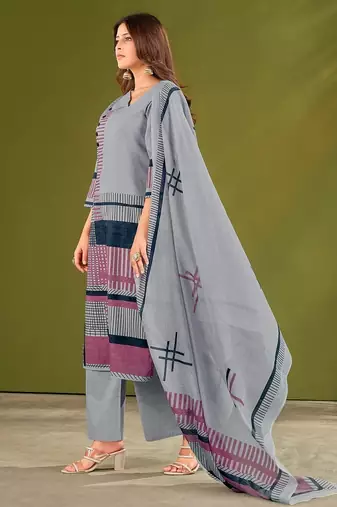 Blue cotton printed hand embroidery kurta set with dupatta