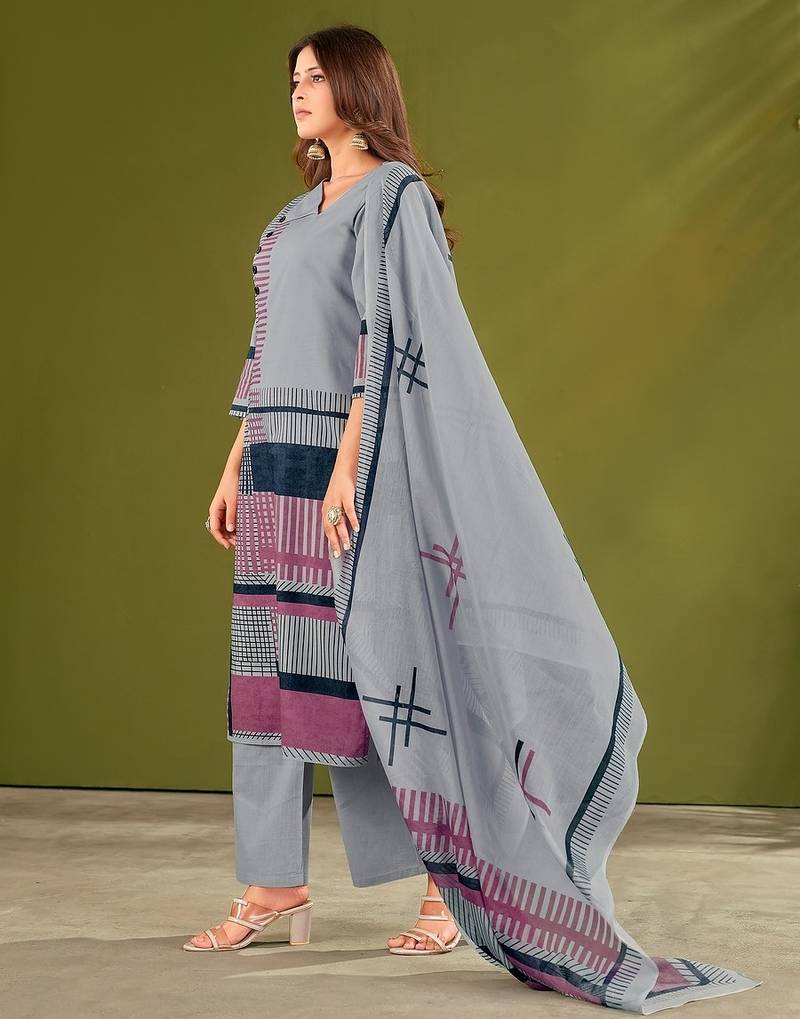 Blue cotton printed hand embroidery kurta set with dupatta