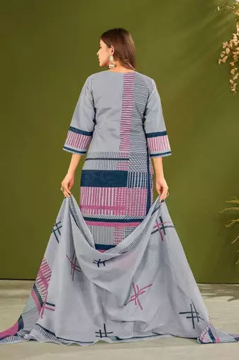 Blue cotton printed hand embroidery kurta set with dupatta