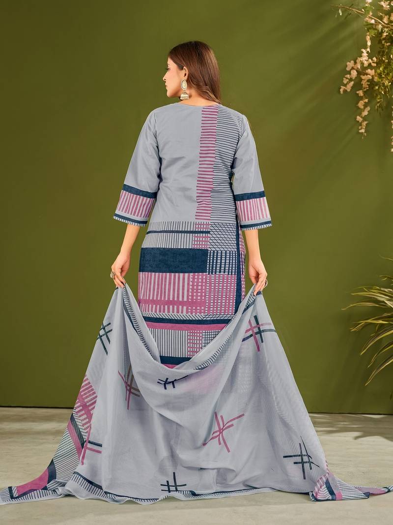 Blue cotton printed hand embroidery kurta set with dupatta