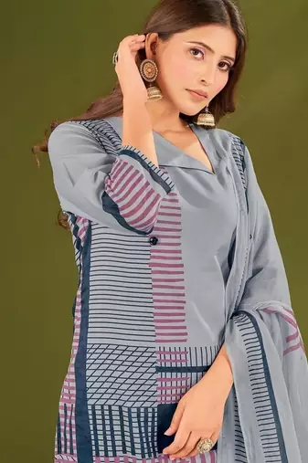 Blue cotton printed hand embroidery kurta set with dupatta