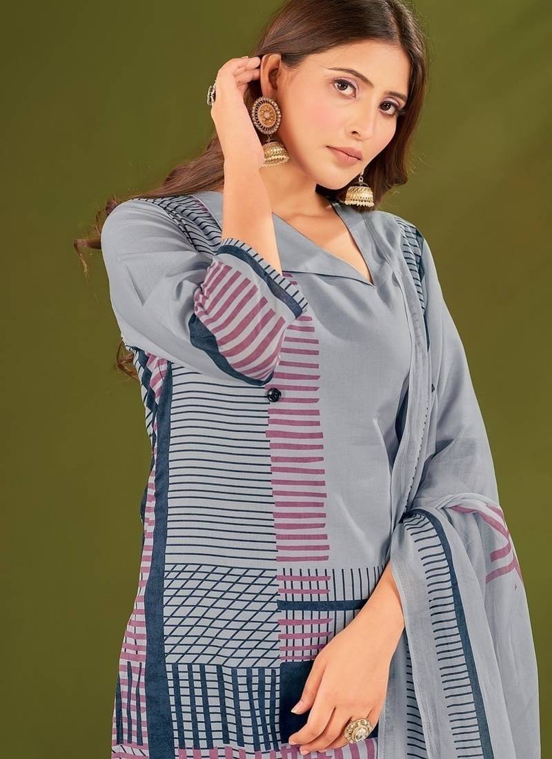 Blue cotton printed hand embroidery kurta set with dupatta
