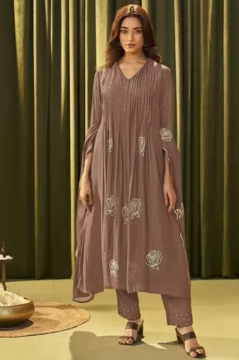 Brown chanderi printed hand embroidery kurta set with dupatta