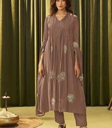 Brown chanderi printed hand embroidery kurta set with dupatta
