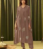 Brown chanderi printed hand embroidery kurta set with dupatta