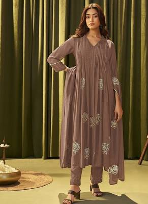 Brown chanderi printed hand embroidery kurta set with dupatta 2