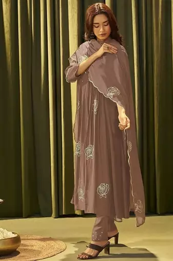Brown chanderi printed hand embroidery kurta set with dupatta