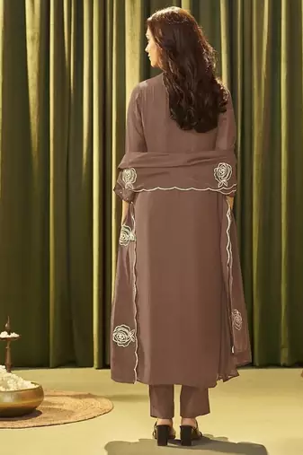 Brown chanderi printed hand embroidery kurta set with dupatta