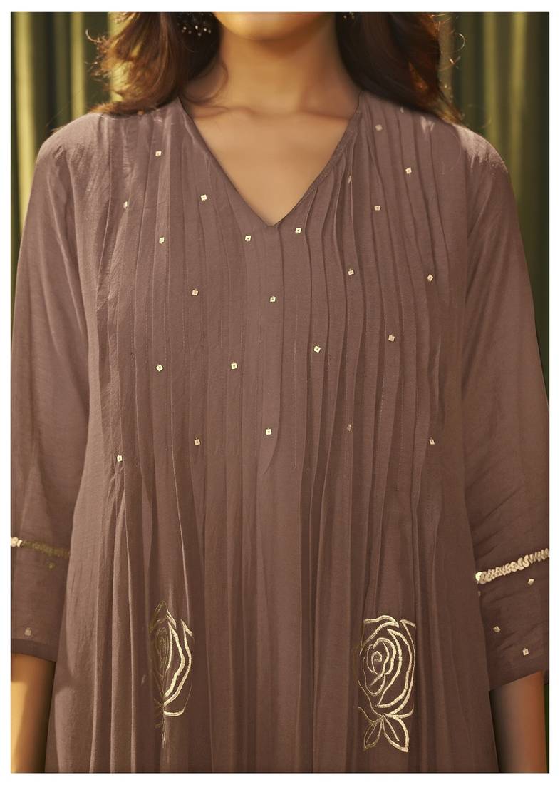 Brown chanderi printed hand embroidery kurta set with dupatta
