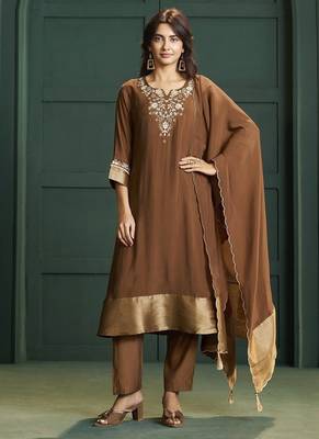 Brown chanderi printed hand embroidery kurta set with dupatta 1