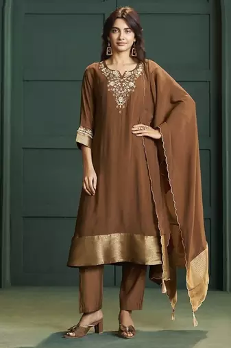 Brown chanderi printed hand embroidery kurta set with dupatta