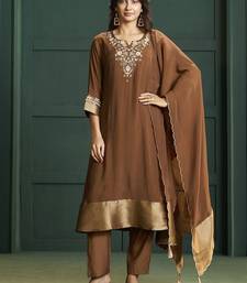 Brown chanderi printed hand embroidery kurta set with dupatta