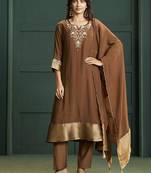 Brown chanderi printed hand embroidery kurta set with dupatta