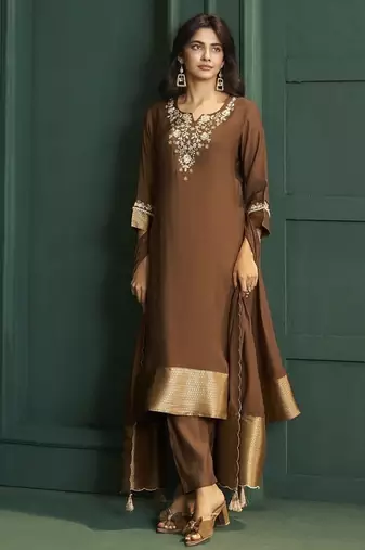 Brown chanderi printed hand embroidery kurta set with dupatta