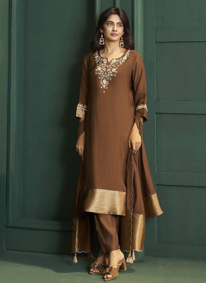 Brown chanderi printed hand embroidery kurta set with dupatta