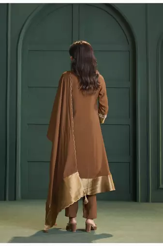 Brown chanderi printed hand embroidery kurta set with dupatta