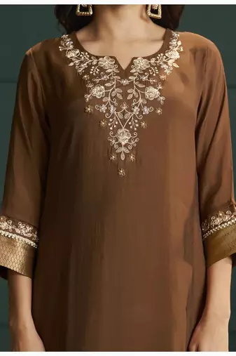 Brown chanderi printed hand embroidery kurta set with dupatta