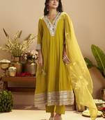 Mustard chanderi printed hand embroidery kurta set with dupatta