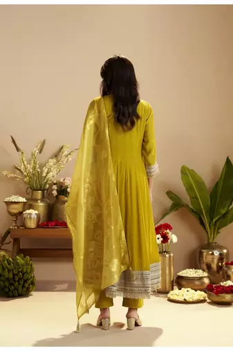 Mustard chanderi printed hand embroidery kurta set with dupatta