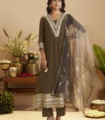 Brown chanderi printed hand embroidery kurta set with dupatta