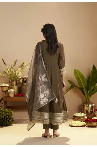Brown chanderi printed hand embroidery kurta set with dupatta