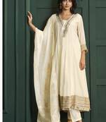 Cream chanderi printed hand embroidery kurta set with dupatta