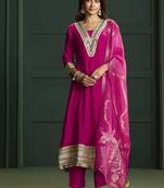 Pink chanderi printed hand embroidery kurta set with dupatta