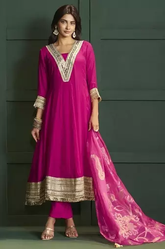 Pink chanderi printed hand embroidery kurta set with dupatta