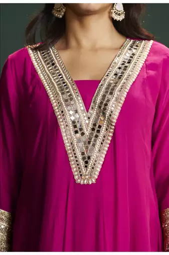 Pink chanderi printed hand embroidery kurta set with dupatta