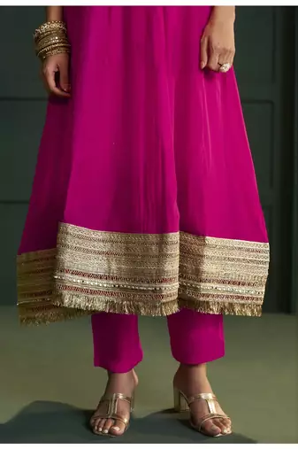 Pink chanderi printed hand embroidery kurta set with dupatta