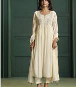 Cream chanderi printed hand embroidery kurta set with dupatta
