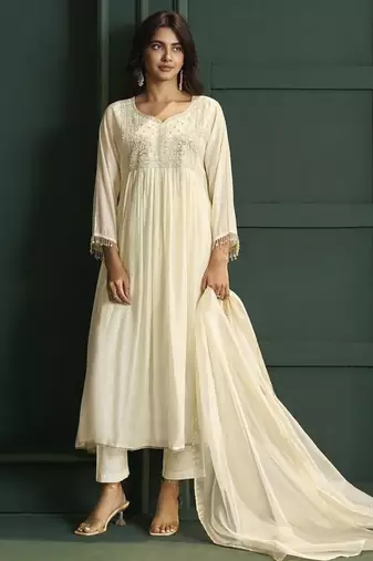Cream chanderi printed hand embroidery kurta set with dupatta