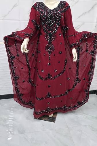 Elegant Maroon Moroccan Kaftan Dress with Black Embroidery Sequin Work Flared Farasha Style Gown