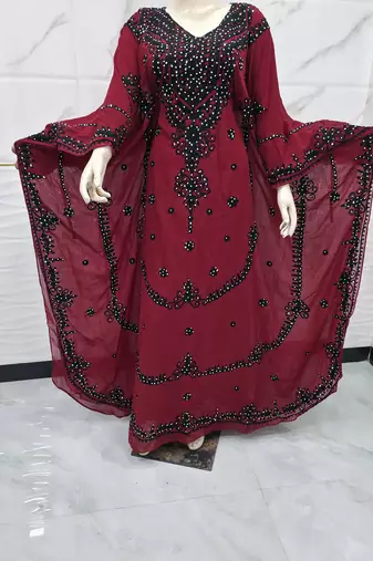 Elegant Maroon Moroccan Kaftan Dress with Black Embroidery Sequin Work Flared Farasha Style Gown