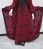 Elegant Maroon Moroccan Kaftan Dress with Black Embroidery Sequin Work Flared Farasha Style Gown