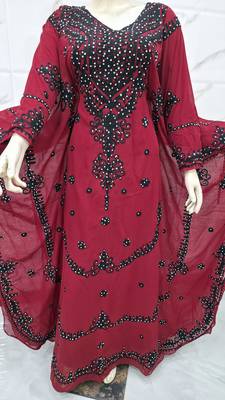Elegant Maroon Moroccan Kaftan Dress with Black Embroidery Sequin Work Flared Farasha Style Gown 2