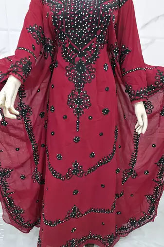 Elegant Maroon Moroccan Kaftan Dress with Black Embroidery Sequin Work Flared Farasha Style Gown
